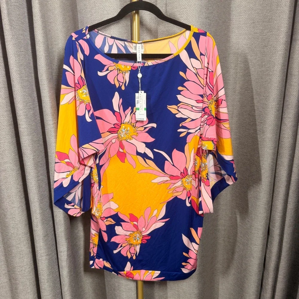 Trina Turk Floral Long Sleeve One Piece Swimsuit & Cover Up Set Blue Pink Large